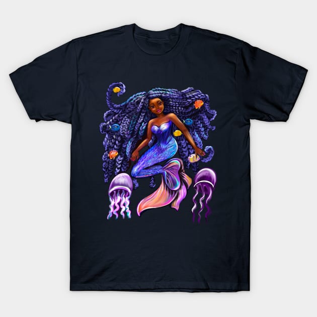 mermaid with flowing shimmering blue black braids fish and jelly fish  , brown eyes curly Afro hair and caramel brown skin T-Shirt by Artonmytee